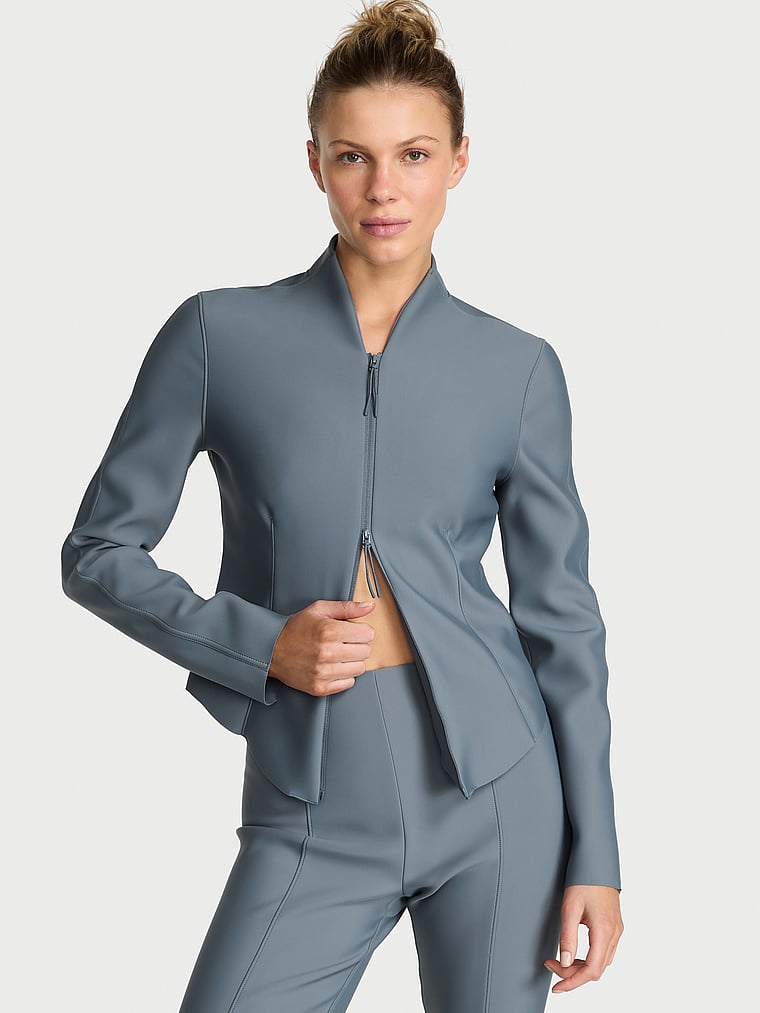 Victoria's Secret, VSX VSX Defined Scuba Zip Long-Sleeve Top, Dark Steel, onModelFront, 1 of 4 Aga is 5'10" and wears Small
