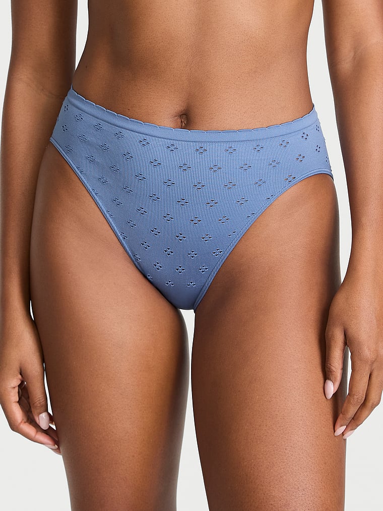 Victoria's Secret, Seamless Seamless Eyelet High-Leg Brief Panty, Moonlight Blue, onModelFront, 1 of 3 Tsheca is 5'9" and wears Small
