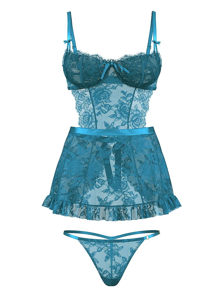 Victoria's Secret, Very Sexy Wicked Unlined Rose Lace Apron Set, Jade, offModelFront, 3 of 3