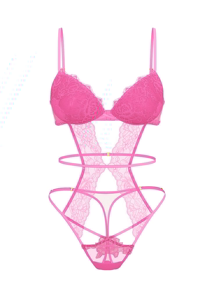 Victoria's Secret, Very Sexy Rose Lace Lightly Lined Strappy Teddy, Ultre Pink, offModelFront, 4 of 4