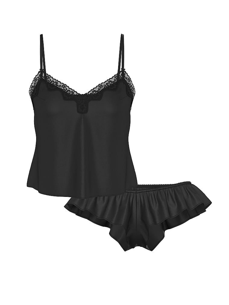 Victoria's Secret, Victoria's Secret Tease Satin Lace-Trim Cami & Flutter Shorts Set, Black, offModelFront, 3 of 4