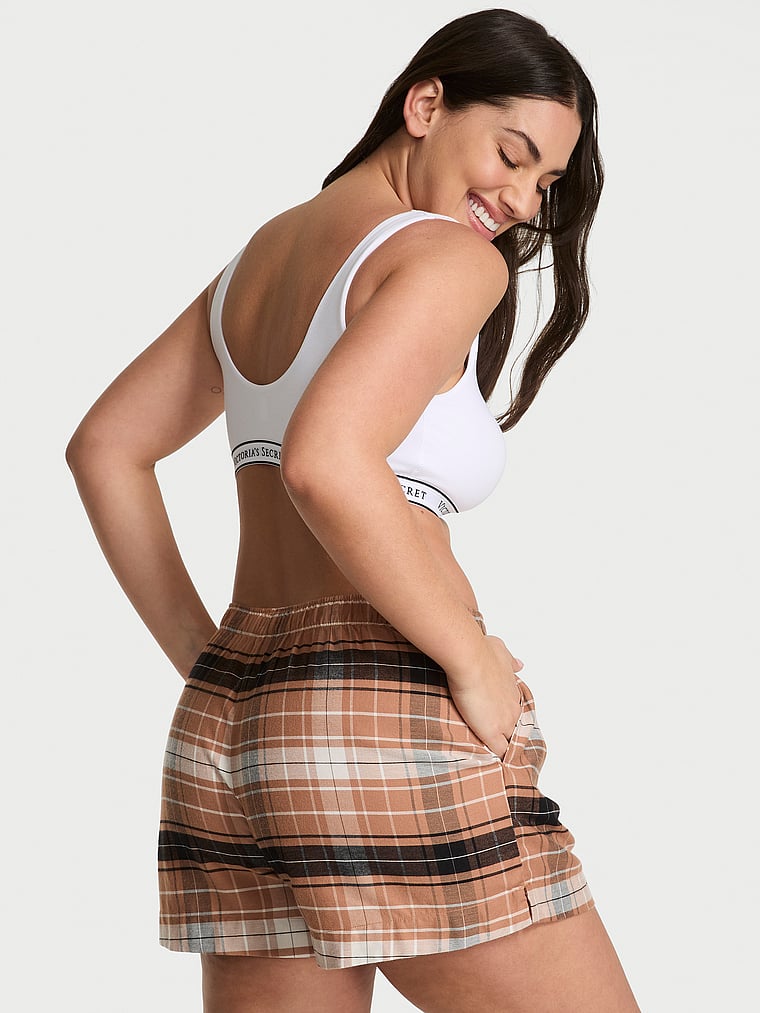 Victoria's Secret, Victoria's Secret Modal-Cotton Pajama Shorts, Toffee/Coconut White Bold Plaid, onModelBack, 2 of 3 Lorena is 5'9" or 175cm and wears Large