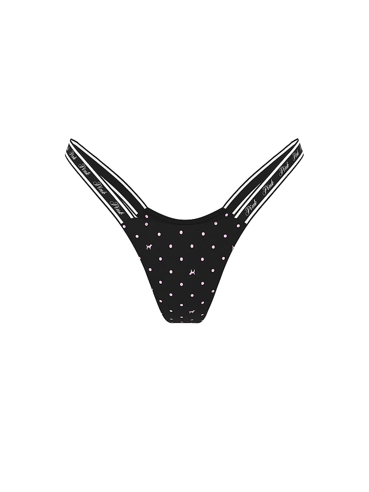 PINK Logo Mesh Strappy Micro Thong Panty, Black Dot Dog Print, offModelFront, 1 of 1