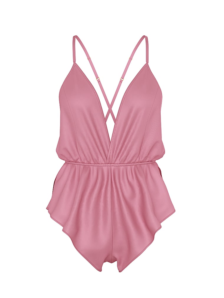 Victoria's Secret, Victoria's Secret Satin Flutter Romper, Dusk Mauve, offModelFront, 2 of 4