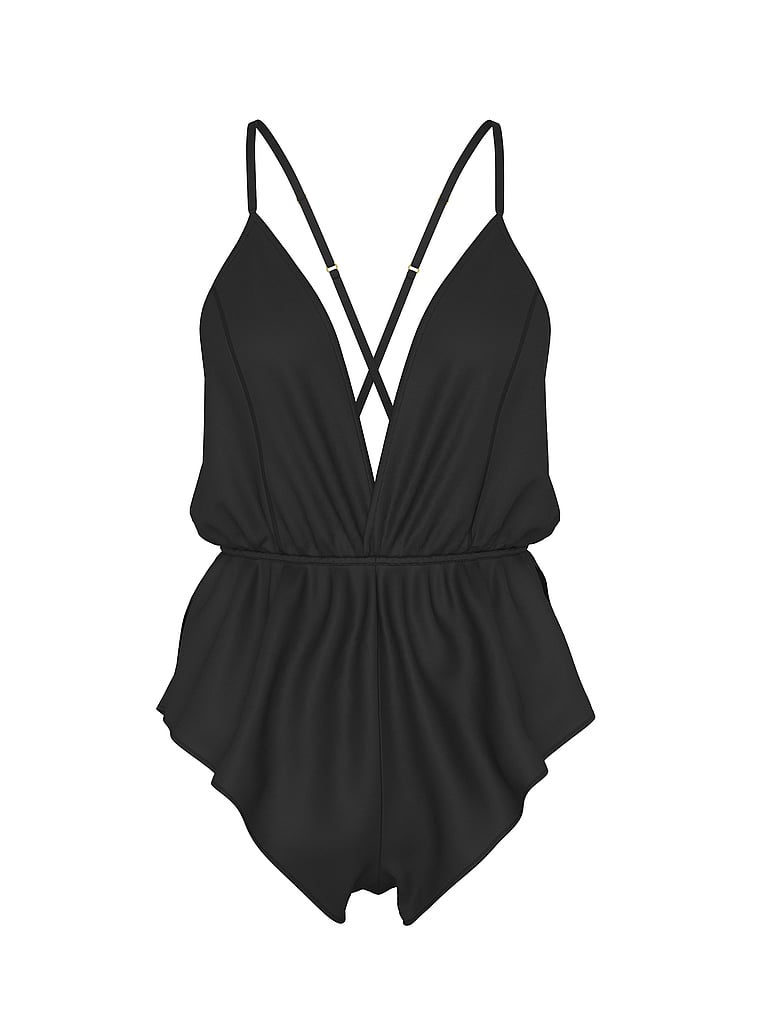Victoria's Secret, Victoria's Secret Satin Flutter Romper, Black, offModelFront, 3 of 3