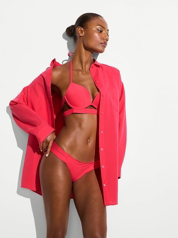 Victoria's Secret, Victoria's Secret Swim Boyfriend Shirt Dress, Pink Island, onModelFront, 1 of 3 Ange-Marie is 5'10" and wears 34B or Small