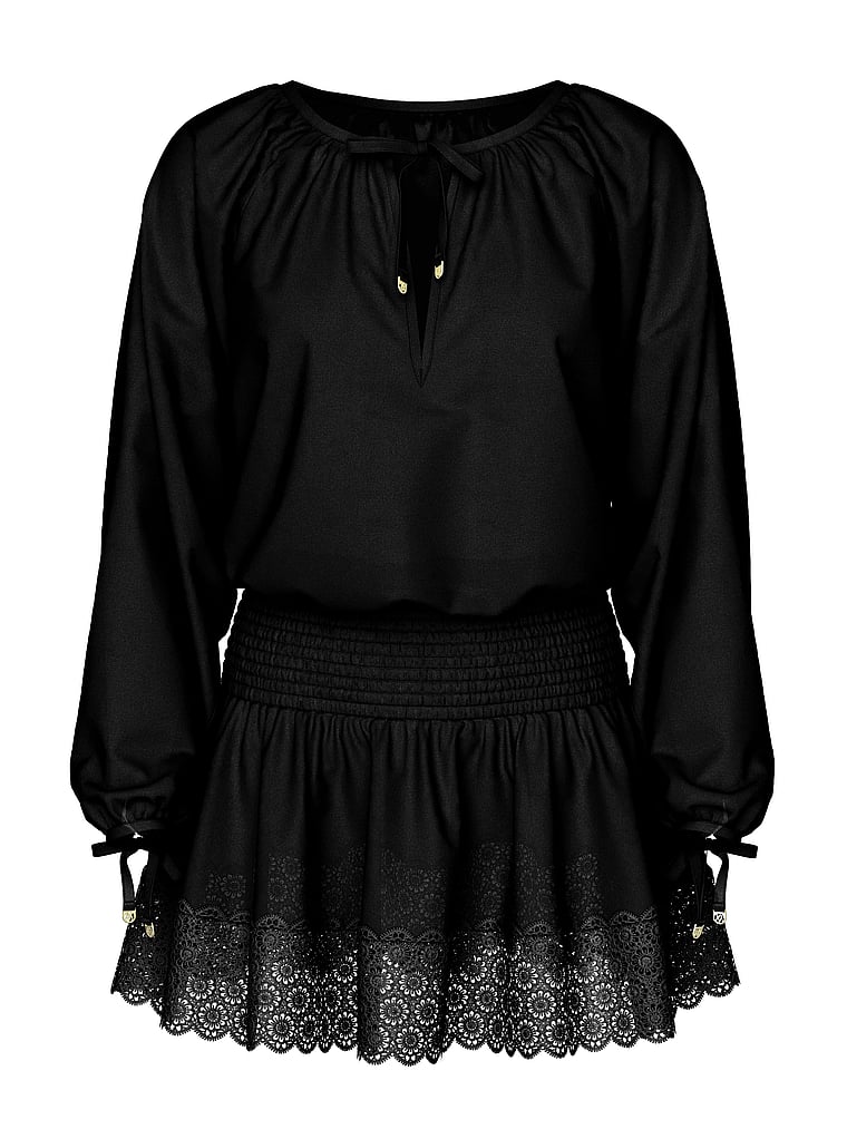 Victoria's Secret, Victoria's Secret Swim Beachwear Linen Lace-Trim Dress, Black, offModelFront, 3 of 3