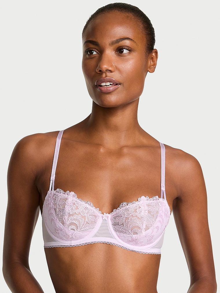 Victoria's Secret, Dream Angels Wicked Vintage Blossom Embroidery Unlined Balconette Bra, Delicate Violet, onModelFront, 1 of 4 Ange-Marie is 5'10" and wears 34B or Small