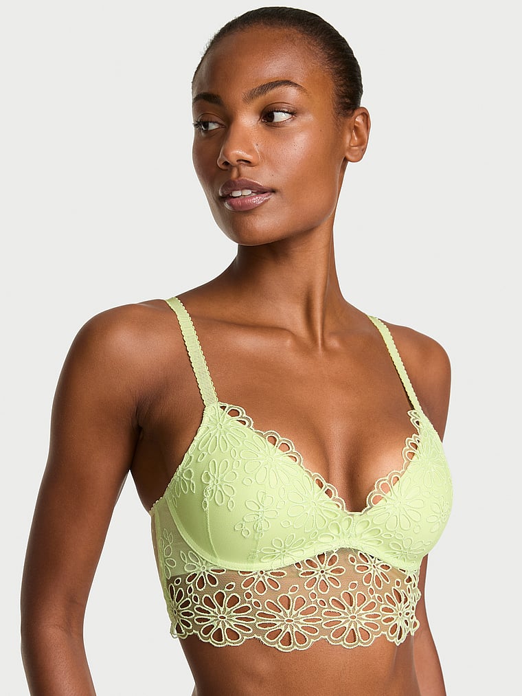 Victoria's Secret, Victoria's Secret Sexy Tee Daisy Eyelet Wireless Push-Up Bra Top, Reed Green, onModelFront, 1 of 5 Ange-Marie is 5'10" or 178cm and wears 34B or Small