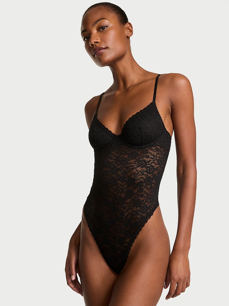 Victoria's Secret, Victoria's Secret Sexy Tee Lacie Unlined Demi Bodysuit, Black, onModelFront, 1 of 3 Ange-Marie is 5'10" and wears 34B or Small