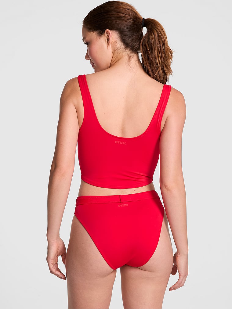 PINK SWIM High-Rise Buckle Cheeky Bikini Bottom, Red Pepper, onModelFront, 1 of 3 Ruby is 5'6" or 168cm and wears Small