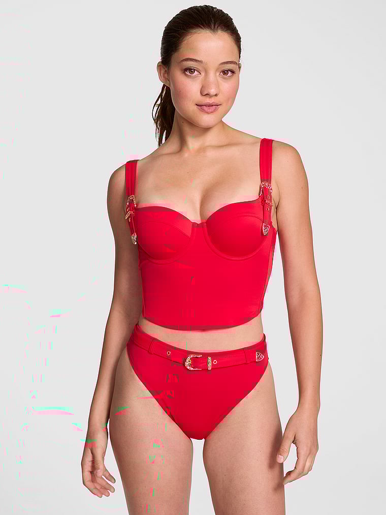PINK SWIM Corset Buckle Bikini Top, Red Pepper, onModelFront, 1 of 4 Ruby is 5'6" or 168cm and wears 32A or Small