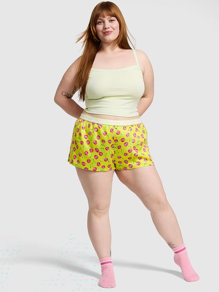 PINK Silky Sleep Shine Boxy Pajama Shorts, Tipsy Lime Cherries, onModelFront, 1 of 3 Lulu is 5'7" and wears Large