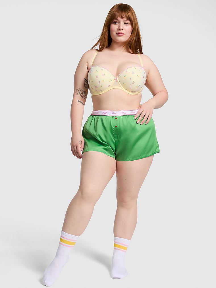 PINK Silky Sleep Boxy Pajama Shorts, Wild Green, onModelFront, 1 of 2 Lulu is 5'7" and wears Large