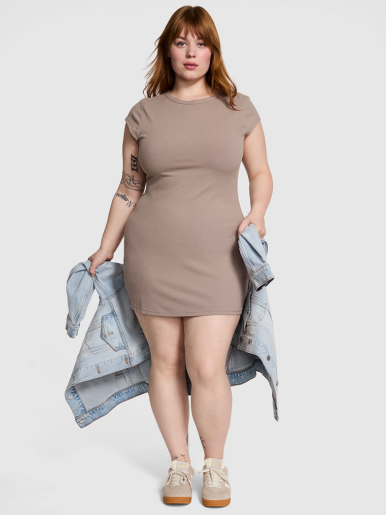 PINK All-Day Soft Ribbed Bodycon Dress, Iced Coffee, onModelFront, 1 of 3 Lulu is 5'7" or 170cm and wears 38DDD (F) or Large