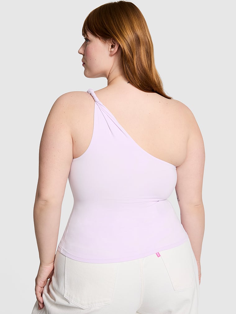 PINK Base Stretch Twisted One-Shoulder Tank Top, Purple Whisper, onModelBack, 1 of 4 Lulu is 5'7" and wears Large