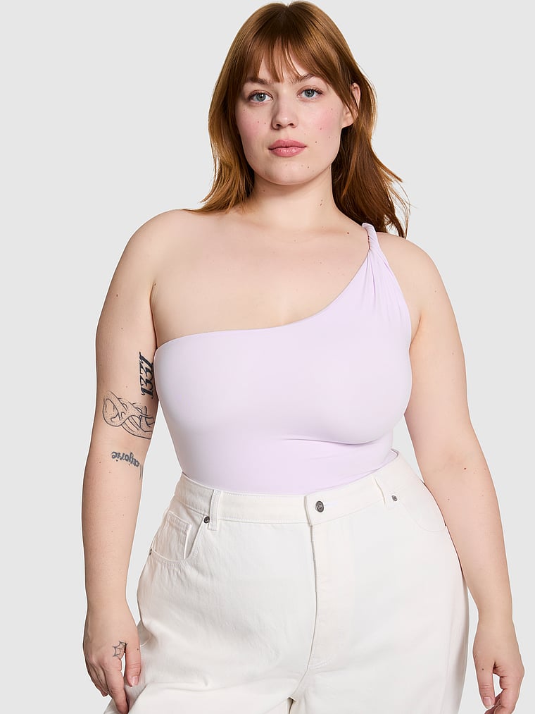 PINK Base Stretch Twisted One-Shoulder Tank Top, Purple Whisper, onModelSide, 2 of 4 Lulu is 5'7" and wears Large