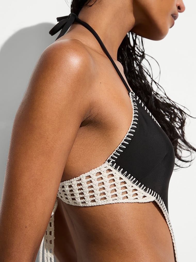 Victoria's Secret, Victoria's Secret Swim Archives Crochet Scuba Cheeky Monokini One-Piece Swimsuit, Pure Black, detail, 4 of 4