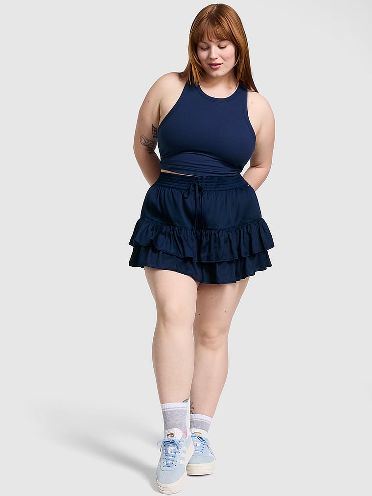 PINK Summer Fling Satin Ruffle Skirt, Nior Navy, onModelFront, 3 of 4 Lulu is 5'7" and wears Large
