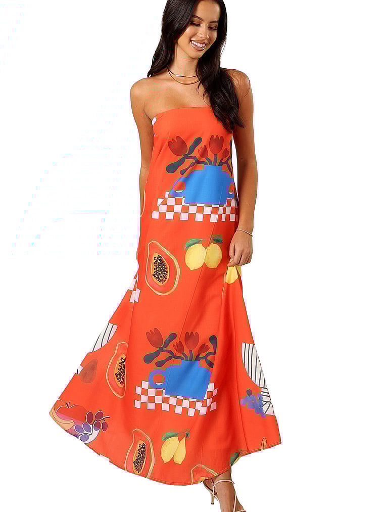 Victoria's Secret, Petal & Pup Mellonie Strapless Maxi Dress, Rust Papaya, onModelFront, 1 of 4
