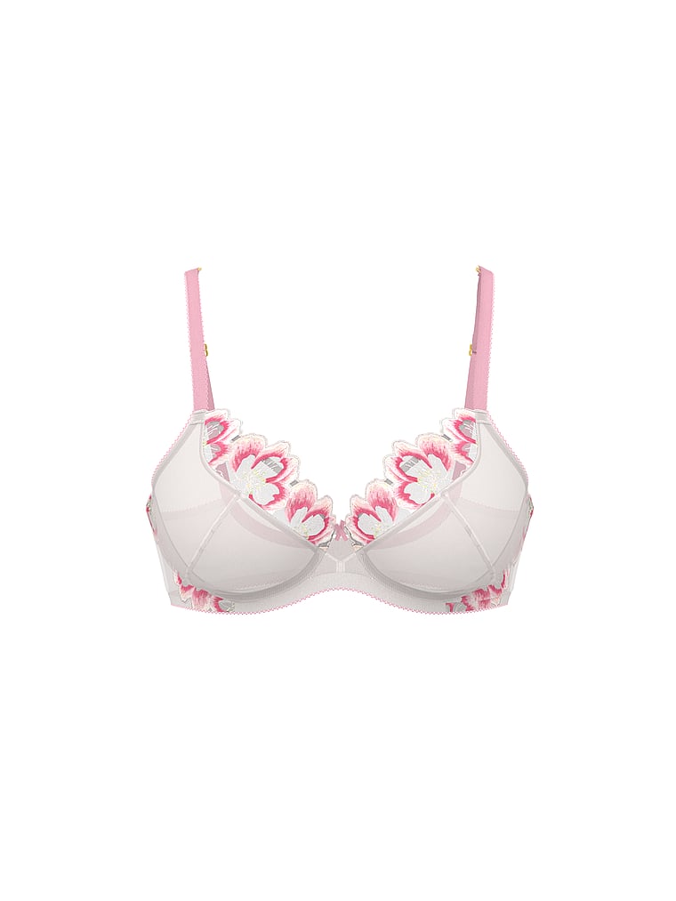 Victoria's Secret, Dream Angels The Fabulous by Victoria's Secret Unlined Peony Embroidery Full-Cup Bra, White & Pink Peonies, offModelFront, 4 of 4