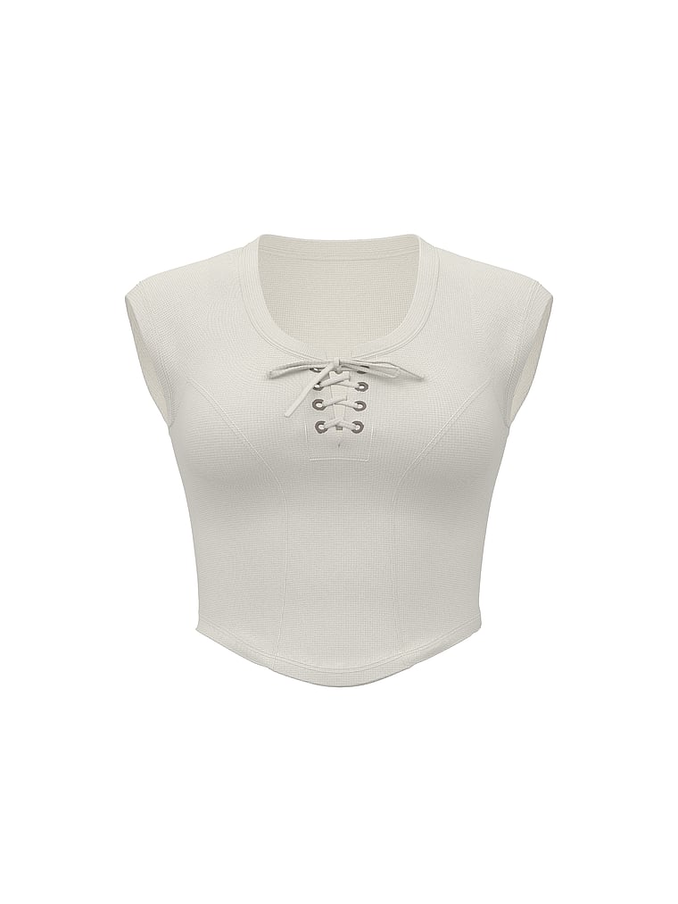 PINK All-Day Soft Rib Lace-Up Top, Winter White, offModelFront, 3 of 3