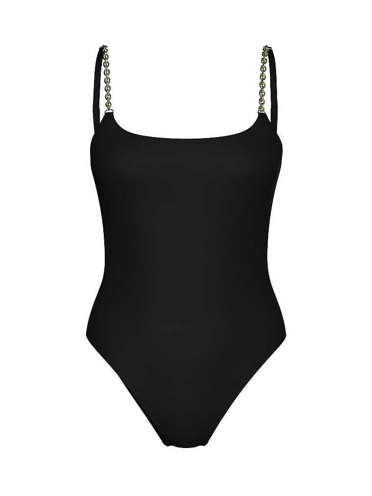 Victoria's Secret, Victoria's Secret Swim Archives Chains Scoop One-Piece Swimsuit, Black, offModelFront, 3 of 3
