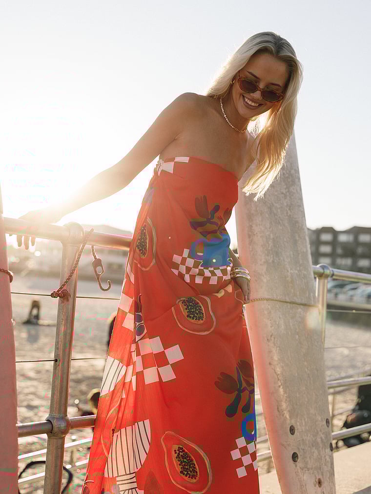 Victoria's Secret, Petal & Pup Mellonie Strapless Maxi Dress, Rust Papaya, offModelFront, 3 of 4