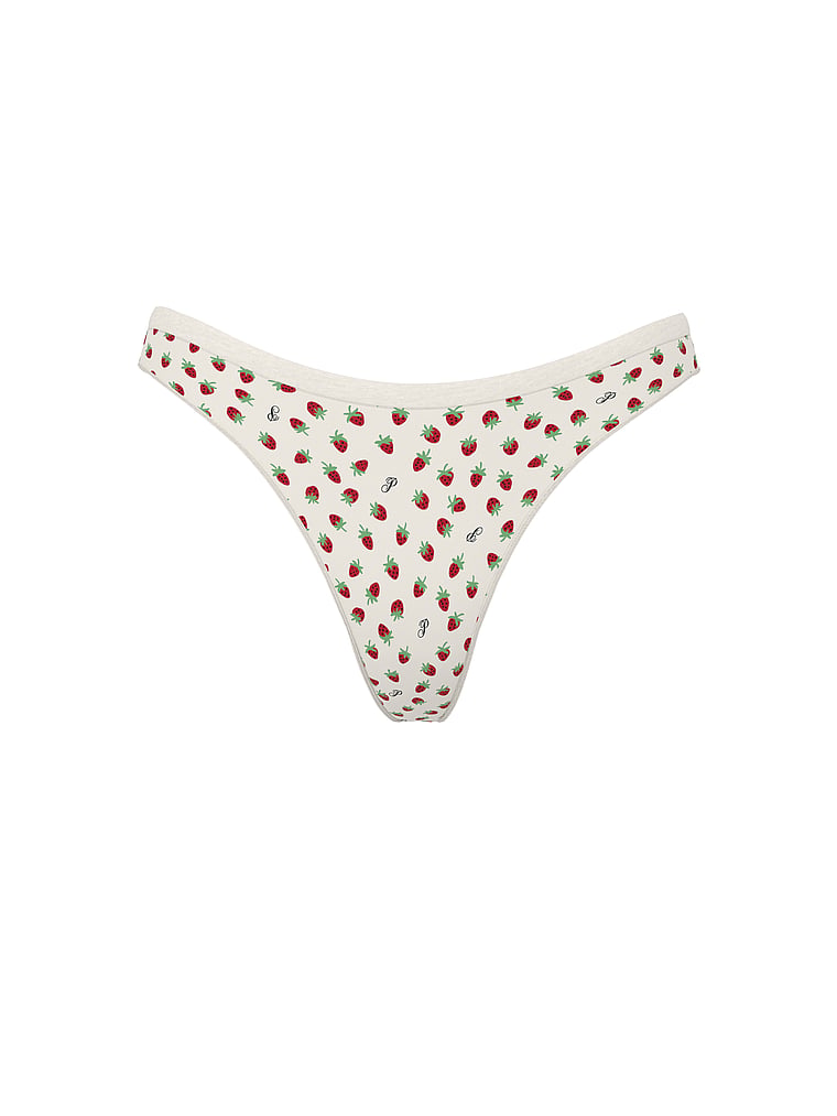 PINK Seamless High-Leg Thong Panty, Winter White Strawberry Print, offModelFront, 3 of 3