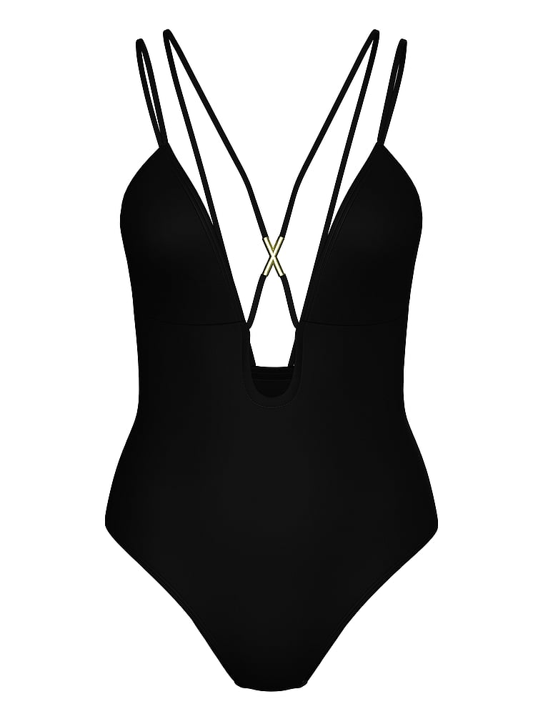 Victoria's Secret, Victoria's Secret Swim Archives Sexy Straps Plunge One-Piece Swimsuit, Black, offModelFront, 3 of 3