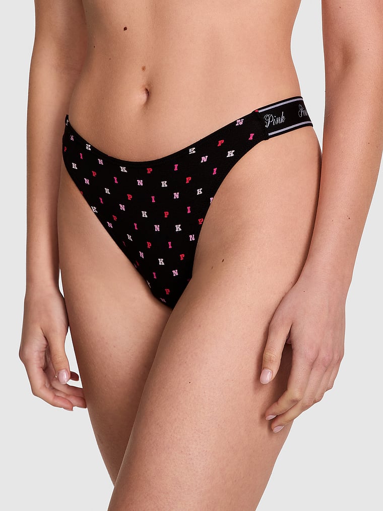 PINK Logo Cotton Shine High-Leg Thong Panty, Black Block P I N K Print, onModelFront, 1 of 3 Taylor is 5'8" and wears Small