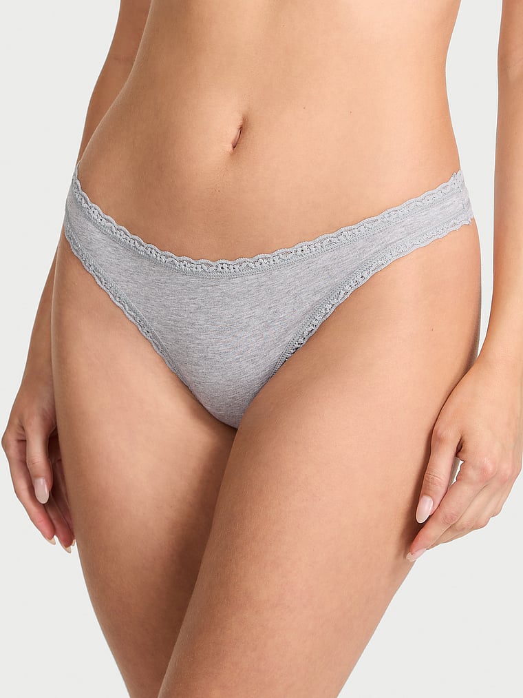 Victoria's Secret, Lace Trim Cotton Pointelle Lace-Waist Thong, Heather Grey, onModelFront, 1 of 3 Ari is 5'9" and wears Small