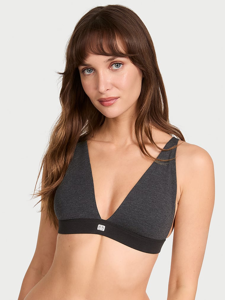 Victoria's Secret, The T-shirt Cotton Logo Hardware Wireless Plunge Bralette, Heather Black, onModelFront, 1 of 3 Ari is 5'9" and wears 34B or Small