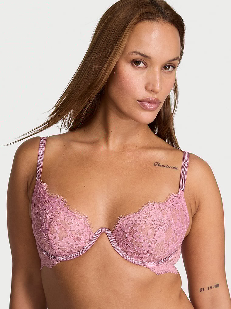 Victoria's Secret, Dream Angels Twinkle Lace Monowire Unlined Bra, Dusk Mauve, onModelFront, 1 of 4 Sofia is 5'8" or 173cm and wears 36D or Large