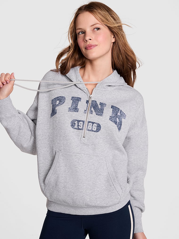 PINK Ivy Fleece Campus Half-Zip Hoodie, Vs Medium Heather Grey, onModelFront, 1 of 3 Taylor is 5'8" and wears Small