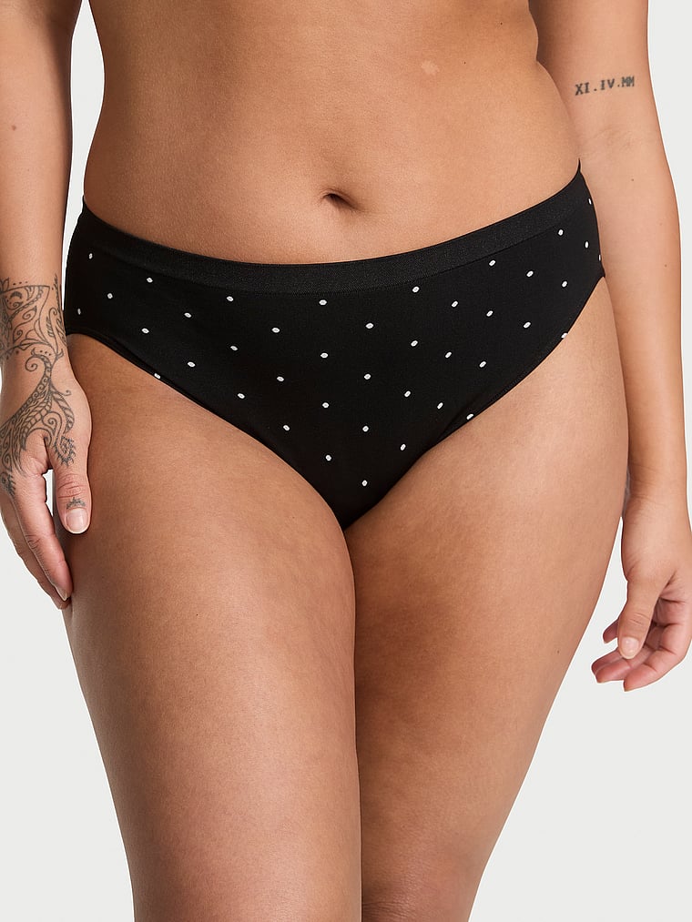 Victoria's Secret, Seamless Seamless High-Leg Brief Panty, Black Small Dot, onModelFront, 1 of 3 Sofia  is 5'8" and wears Large
