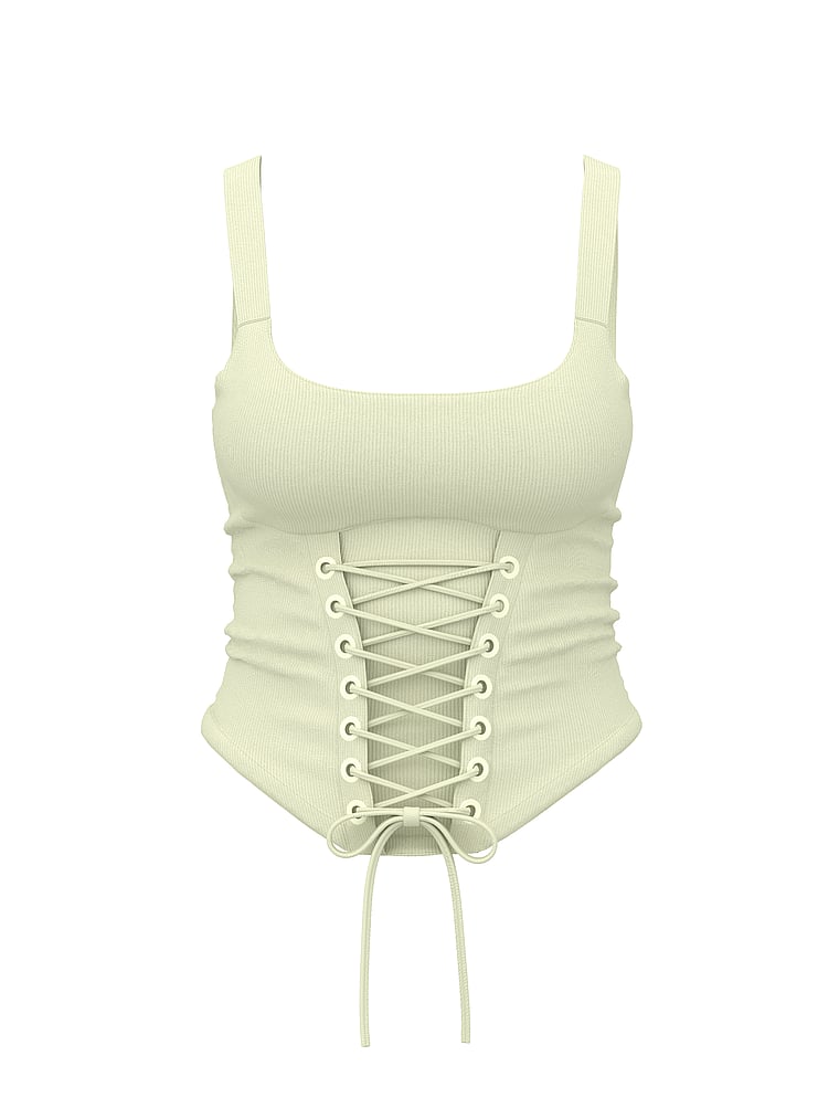 PINK All-Day Soft Rib Lace-Up Corset Top, Fresh Mint, offModelFront, 2 of 4