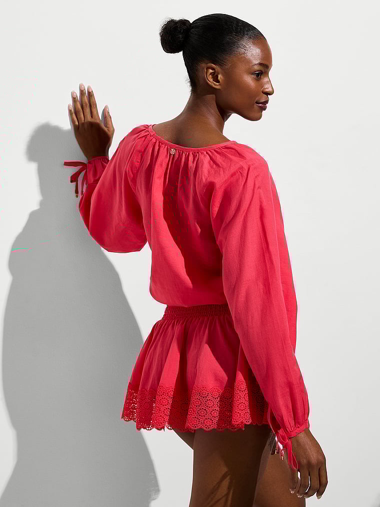 Victoria's Secret, Victoria's Secret Swim Beachwear Linen Lace-Trim Dress, Pink Island, onModelBack, 4 of 4 Tsheca is 5'9" and wears 34B or Small