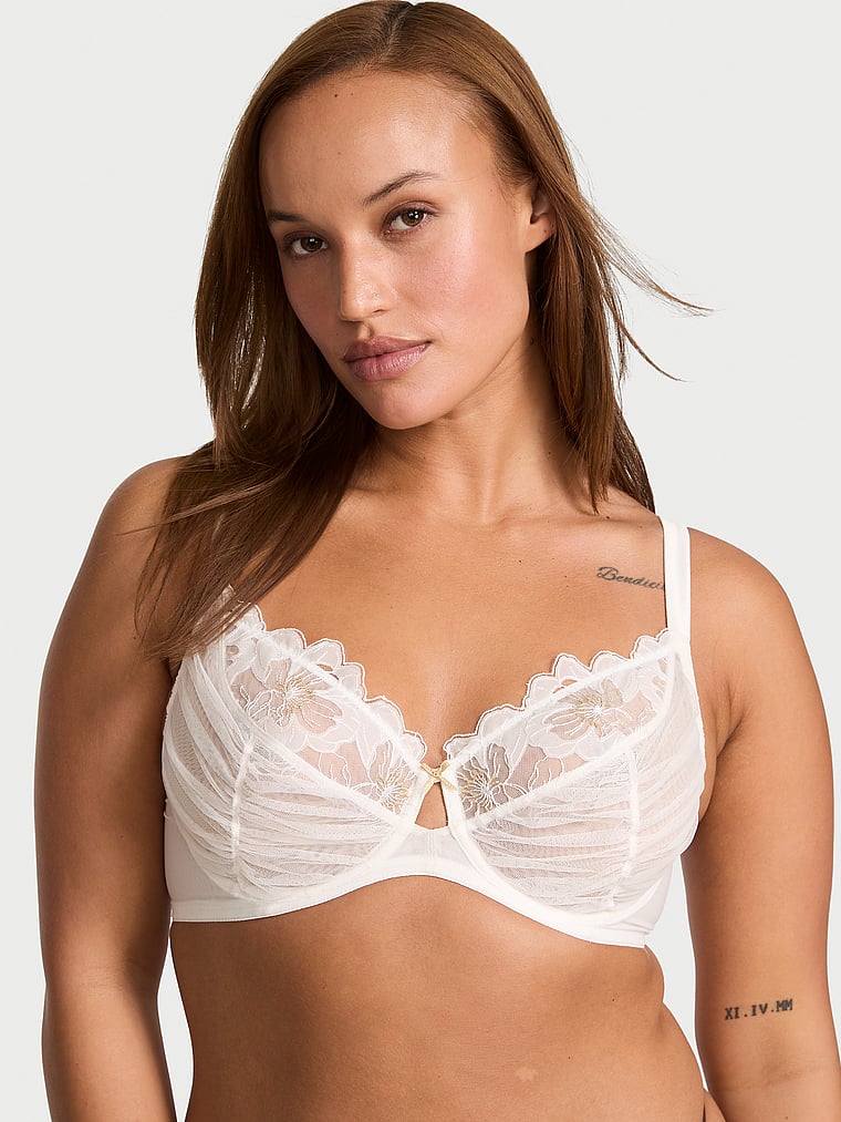 Victoria's Secret, Dream Angels Fabulous by Victoria's Secret Peony Embroidery Unlined Full-Cup Bra, White Peonies, onModelFront, 1 of 5 Sofia  is 5'8" and wears 36D or Large