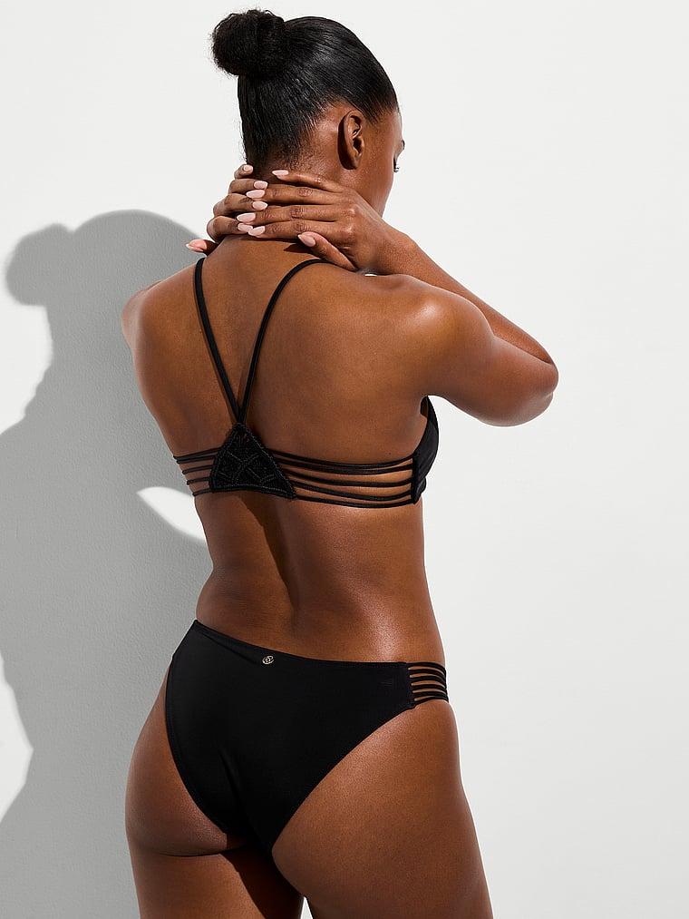 Victoria's Secret, Victoria's Secret Swim Archives Beach Macrame Cheeky Bikini Bottom, Black, onModelFront, 1 of 3 Tsheca  is 5'9" and wears Small