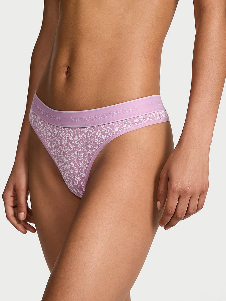 Victoria's Secret, Cotton Logo Cotton Thong Panty, Light Lilac Scattered Floral, onModelFront, 1 of 3 Nikita  is 5'10" and wears Small