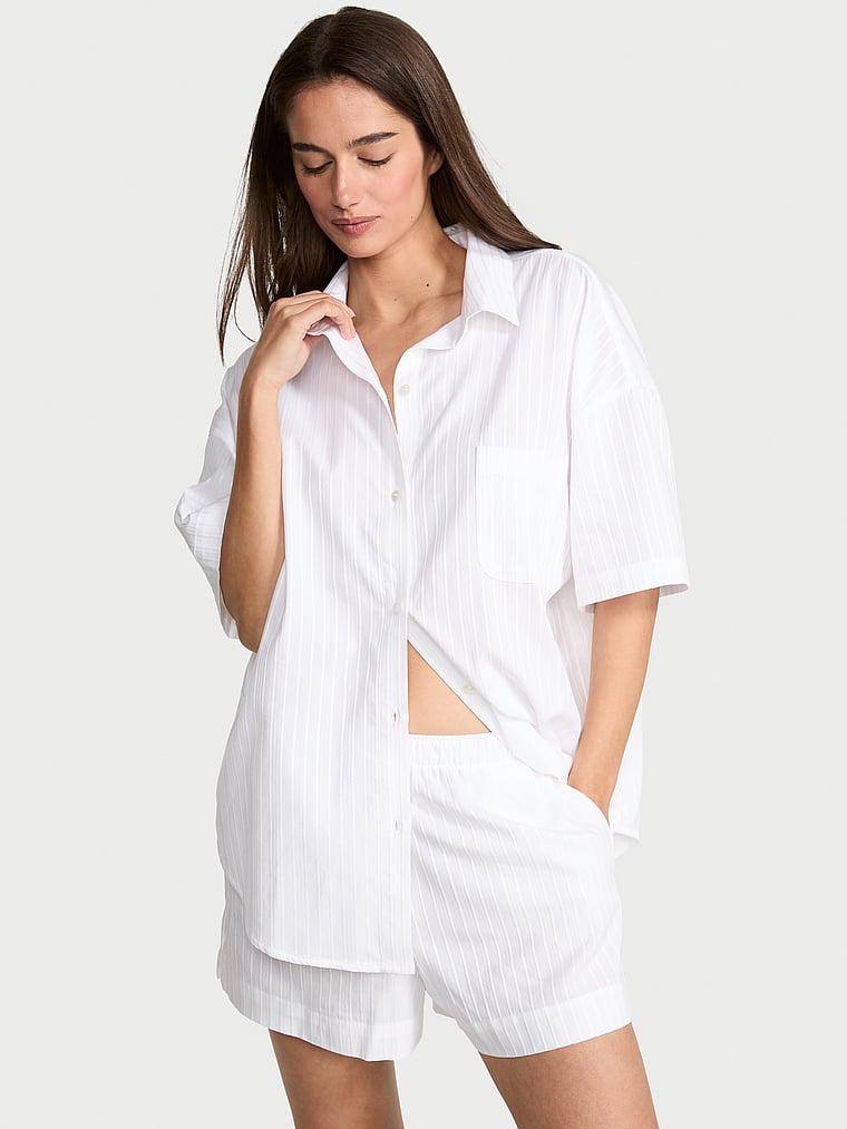 Victoria's Secret, Victoria's Secret Modal-Cotton Striped Short Pajama Set, VS White, onModelFront, 1 of 4 Maia is 5'9" or 175cm and wears S/Regular