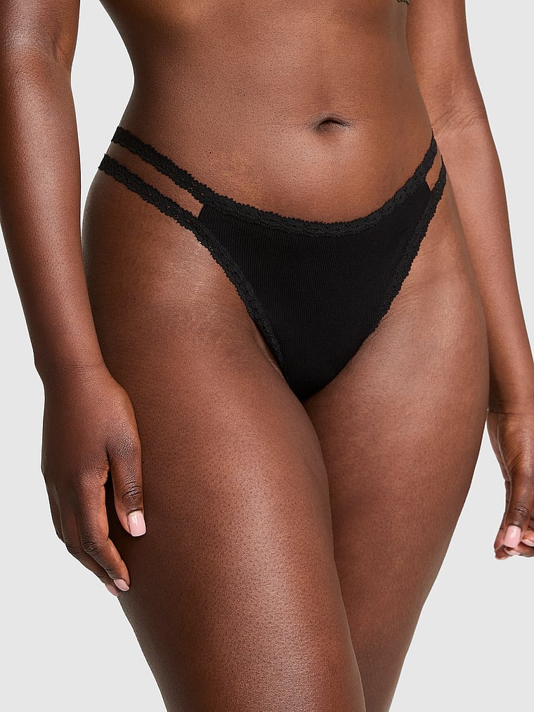 PINK PINK Wink™ Strappy Thong Panty, Pure Black, onModelFront, 1 of 3 Sofia is 5'10" and wears Small
