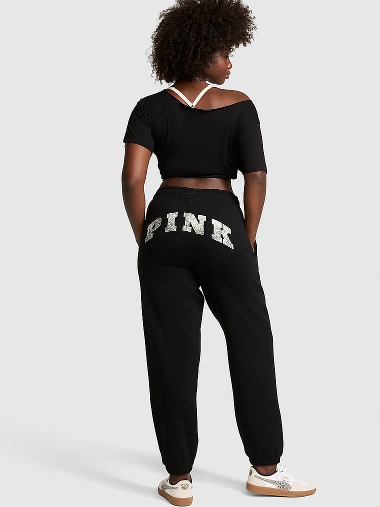 PINK Ivy Fleece Campus Sweatpants, Pure Black, onModelBack, 2 of 4 Fanta is 5'11" or 180cm and wears Medium