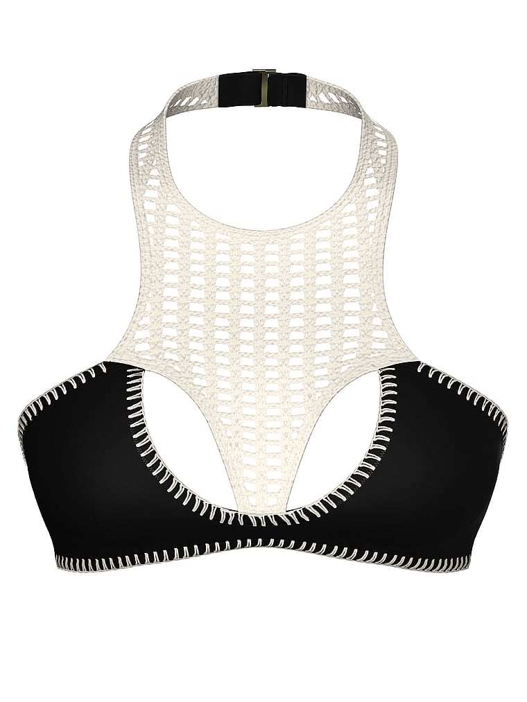 Victoria's Secret, Victoria's Secret Swim Archives Crochet Scuba High-Neck Bikini Top, Pure Black, offModelFront, 4 of 4
