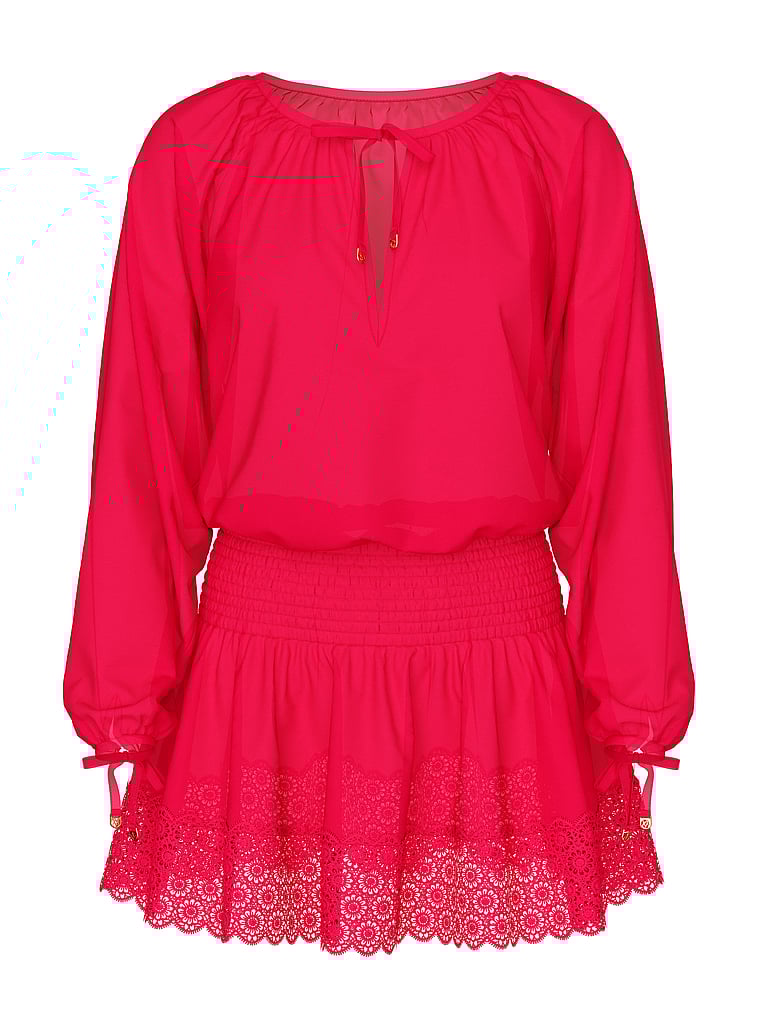 Victoria's Secret, Victoria's Secret Swim Beachwear Linen Lace-Trim Dress, Pink Island, offModelFront, 2 of 4