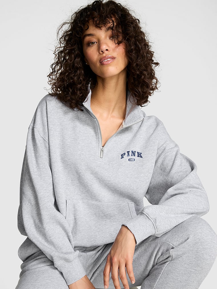 PINK Campus Fleece Quarter-Zip Sweatshirt, Medium Heather Grey, onModelFront, 1 of 3 Rae is 5'10" or 178cm and wears Small
