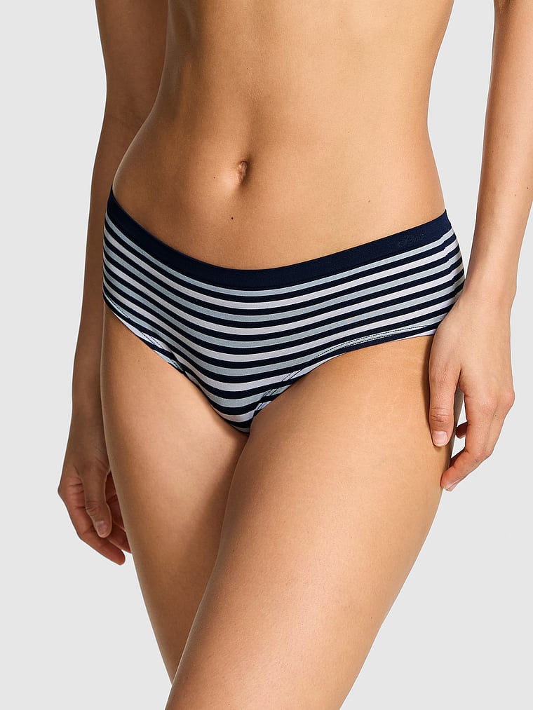 PINK Seamless Hiphugger Panty, Noir Navy Stripe Print, onModelFront, 1 of 3 Rae is 5'10" or 178cm and wears Small