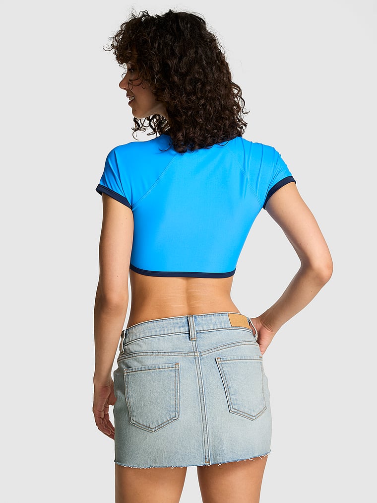PINK Denim by PINK Mini Skirt, Extra Light Wash, onModelBack, 2 of 3 Rae is 5'10" and wears Small