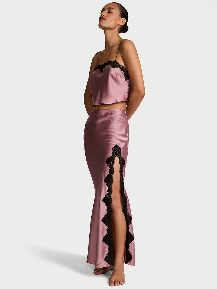 Victoria's Secret, Dream Angels Satin Lace-Trim Cropped Top & Slip Skirt Set, Nostalgia Rose, onModelFront, 1 of 3 Nikita  is 5'10" and wears Small